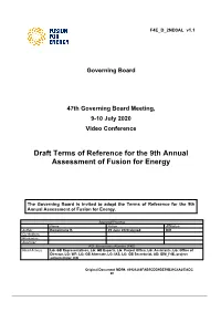 Draft Terms of Reference for the 9Th Annual Assessment of Fusion for Energy