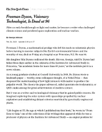 Freeman Dyson, Visionary Technologist, Is Dead