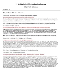 111Th Statistical Mechanics Conference Short Talk Schedule Session A