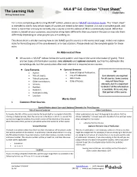 MLA 8Th Ed. Citation “Cheat Sheet” the Learning Hub Citation Styles Writing Handout Series