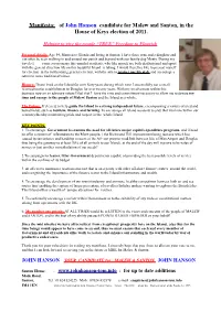 Manifesto: of John Hanson Candidate for Malew and Santon, in the House of Keys Election of 2011