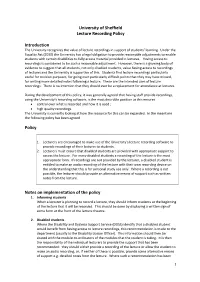 University of Sheffield Lecture Recording Policy Introduction
