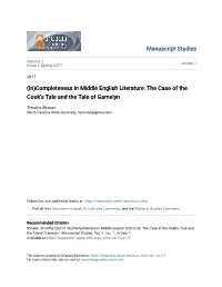 Completeness in Middle English Literature: the Case of the Cook’S Tale and the Tale of Gamelyn