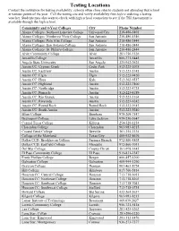 Testing Locations Contact the Institution for Testing Availability; Schools Often Close Sites to Students Not Attending That School at Various Points of the Year