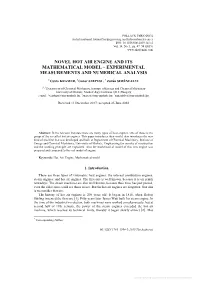 Novel Hot Air Engine and Its Mathematical Model – Experimental Measurements and Numerical Analysis