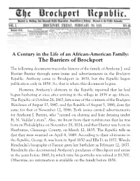 The Barriers of Brockport the Following Document Traces the History of the Family of Anthony J