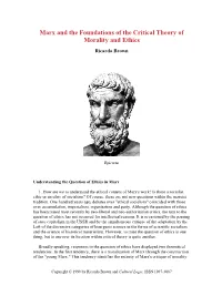 Marx and the Foundations of the Critical Theory of Morality and Ethics
