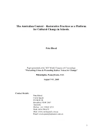 The Australian Context – Restorative Practices As a Platform for Cultural Change in Schools