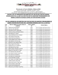 Directorate of Sarva Shiksha Abhiyanj&K CENTRE's LIST of CANDIDATES for WRITTEN TEST on 9TH DEC 2012 in EVENING SESSION