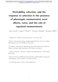 Heritability, Selection, and the Response to Selection in the Presence of Phenotypic Measurement Error: Eﬀects, Cures, and the Role of Repeated Measurements