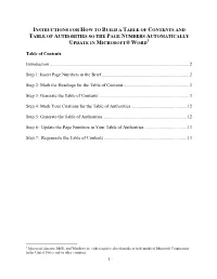 Instructions for How to Build a Table of Contents and Table of Authorities So the Page Numbers Automatically 1 Update in Microsoft® Word