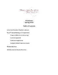 Newsletter Spring 2018 Table of Contents