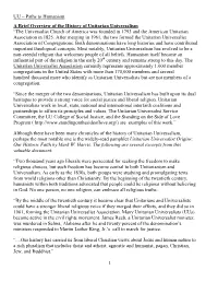 UU – Paths to Humanism a Brief Overview of the History of Unitarian