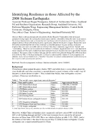 Identifying Resilience in Those Affected by the 2008 Sichuan Earthquake