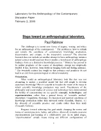 Steps Toward an Anthropological Laboratory. Paul Rabinow the Challenge Is to Invent New Forms of Inquiry, Writing, and Ethics for an Anthropology of the Contemporary