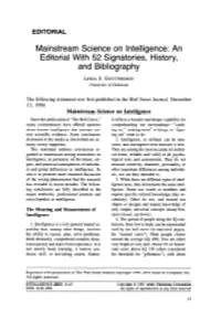 Mainstream Science on Intelligence: an Editorial with 52 Signatories, History, and Bibliography
