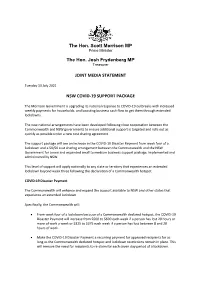 The Hon. Scott Morrison MP the Hon. Josh Frydenberg MP JOINT MEDIA STATEMENT NSW COVID-19 SUPPORT PACKAGE