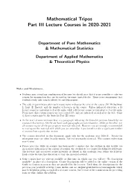 Mathematical Tripos Part III Lecture Courses in 2020-2021