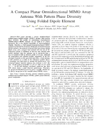 A Compact Planar Omnidirectional MIMO Array Antenna with Pattern Phase Diversity Using Folded Dipole Element