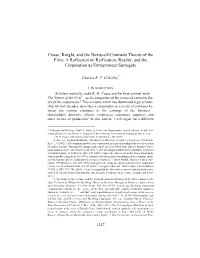 Coase, Knight, and the Nexus-Of-Contracts Theory of the Firm: a Reflection on Reification, Reality, and the Corporation As Entrepreneur Surrogate