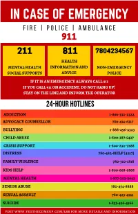 In Case of Emergency F I R E | P O L I C E | a M B U L a N C E 911 211 811 7804234567