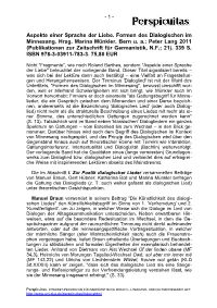Aspekte Einer Sprache Der Liebe. Formen Des Dialogischen Im Minnesang. Hrsg. Marina Münkler. Bern U. A.: Peter Lang 2011 (Publi
