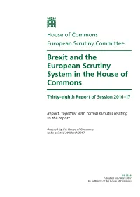 Brexit and the European Scrutiny System in the House of Commons