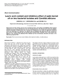 Lauric Acid Content and Inhibitory Effect of Palm Kernel Oil on Two Bacterial Isolates and Candida Albicans