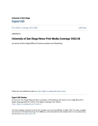 University of San Diego News Print Media Coverage 2003.08