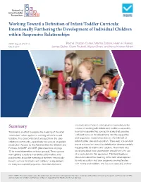 Working Toward a Definition of Infant/Toddler Curricula: Intentionally Furthering the Development of Individual Children Within Responsive Relationships