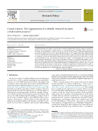 Crowd Science: the Organization of Scientiﬁc Research in Open ଝ Collaborative Projects