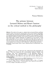 The Polemic Between Leonard Nelson and Ernst Cassirer on the Critical Method in the Philosophy*