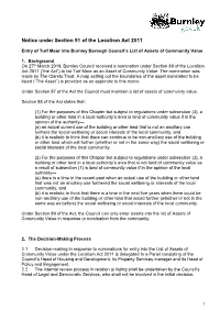 Turf Moor Into Burnley Borough Council’S List of Assets of Community Value