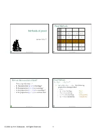 Methods of Proof Direct Direct Contrapositive Contradiction Pc P→ C ¬ P ∨ C ¬ C → ¬ Pp ∧ ¬ C