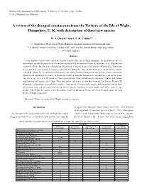 A Review of the Decapod Crustaceans from the Tertiary of the Isle of Wight, Hampshire, U