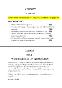 COMPUTER Class – III Chapter-3 Part 1 WORD PROCESSOR