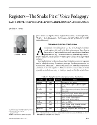 Registers—The Snake Pit of Voice Pedagogy PART 1: PROPRIOCEPTION, PERCEPTION, and LARYNGEAL MECHANISMS