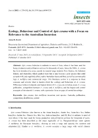 Ecology, Behaviour and Control of Apis Cerana with a Focus on Relevance to the Australian Incursion