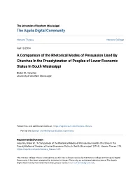 A Comparison of the Rhetorical Modes of Persuasion Used by Churches in the Proselytization of Peoples of Lower Economic Status in South Mississippi