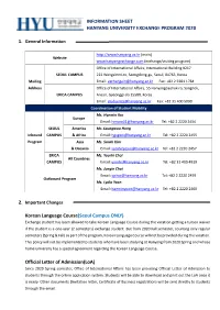 Information Sheet Hanyang University Exchange Program 2020