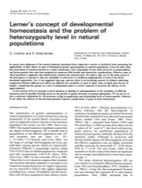 Lerner's Concept of Developmental Homeostasis and the Problem of Heterozygosity Level in Natural Populations
