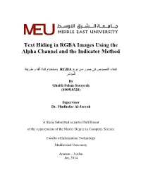 Text Hiding in RGBA Images Using the Alpha Channel and the Indicator Method