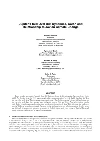 Jupiter's Red Oval BA: Dynamics, Color, and Relationship to Jovian Climate Change