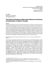Reformation Memory and German Exceptionalism in Weimar Thought