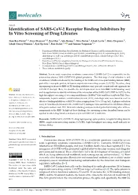 Identification of SARS-Cov-2 Receptor Binding Inhibitors by in Vitro Screening of Drug Libraries
