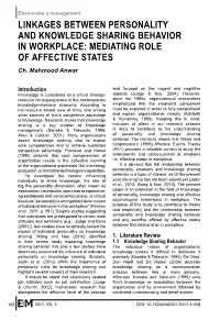 LINKAGES BETWEEN PERSONALITY and KNOWLEDGE SHARING BEHAVIOR in WORKPLACE: MEDIATING ROLE of AFFECTIVE STATES Ch