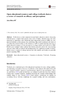 Open Educational Resources and College Textbook Choices: a Review of Research on Efﬁcacy and Perceptions