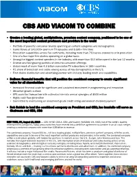 Cbs and Viacom to Combine