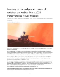 Recap of Webinar on NASA's Mars 2020