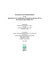 Evaluation and Findings Report on the Application for Certification Pursuant to Section 401 of the Federal Clean Water Act